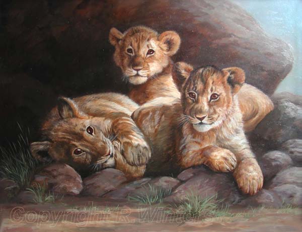 African Painting titled Lion Cubs